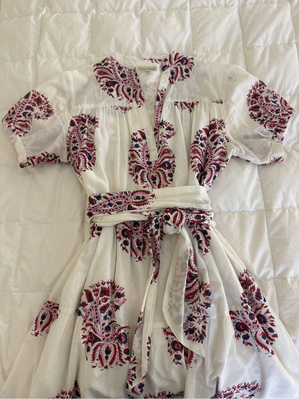 Fitzroy & Willa White Cotton Dress with Red & Navy Paisley Print M